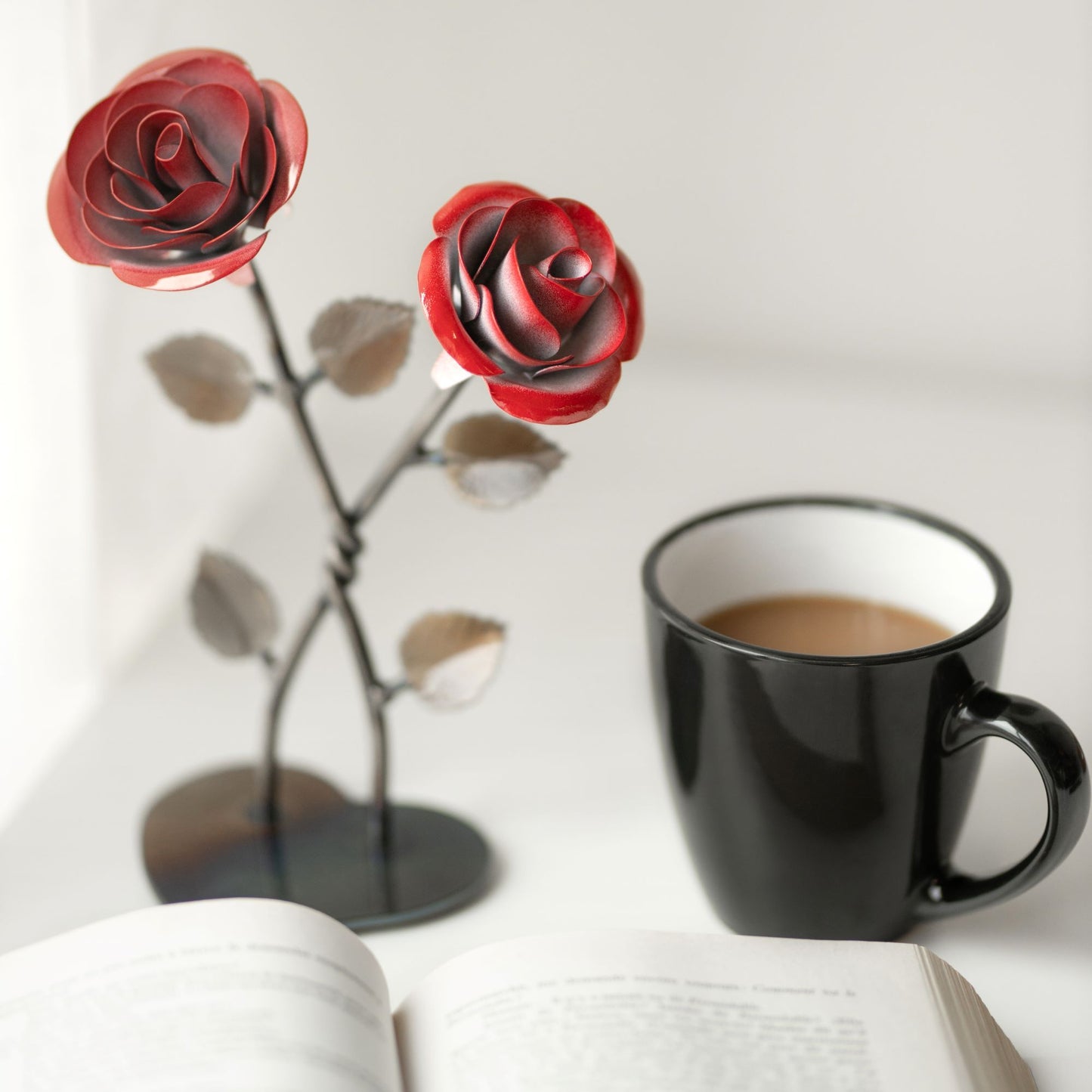 Personalized Gift Hand-Forged Wrought Iron Red Metal Rose with Heart-Shaped Stand