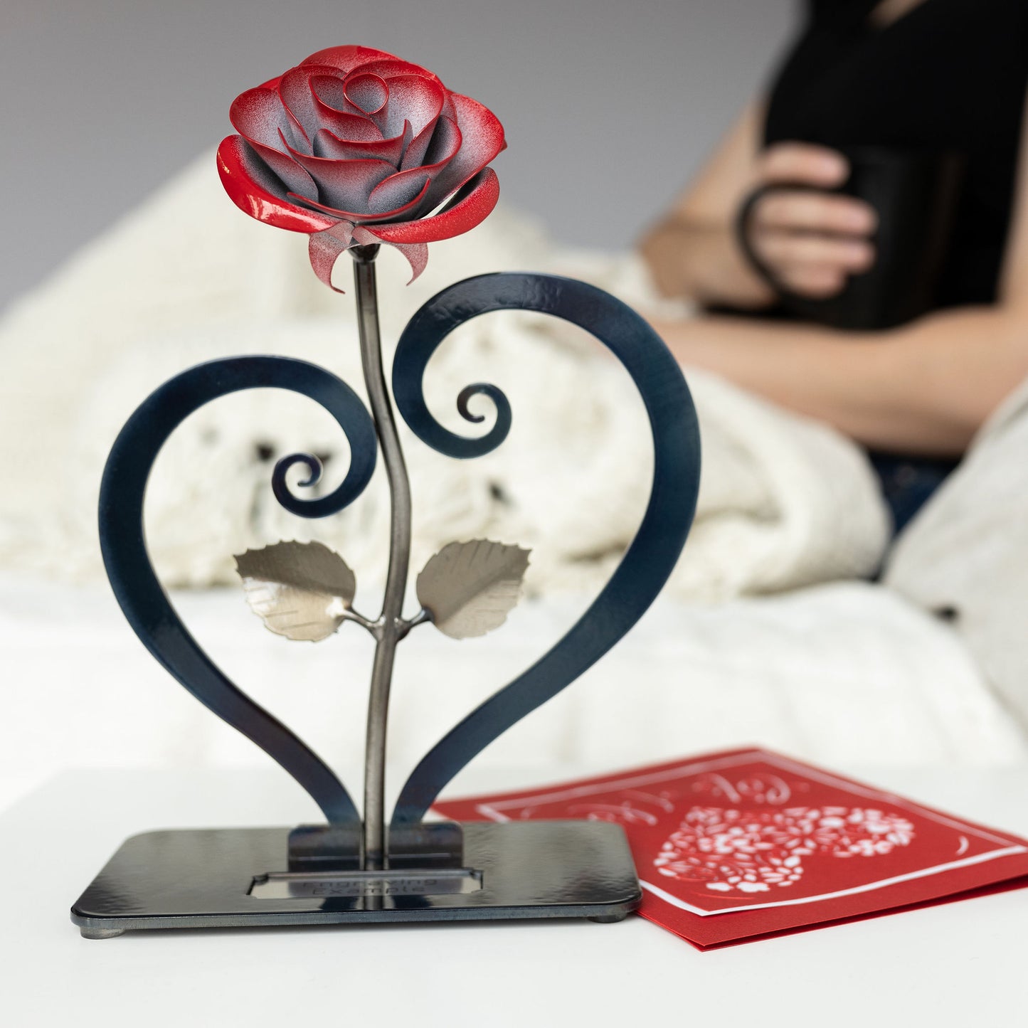 Personalized Gift Hand-Forged Wrought Iron Red Metal Rose with Heart-Shaped Stand