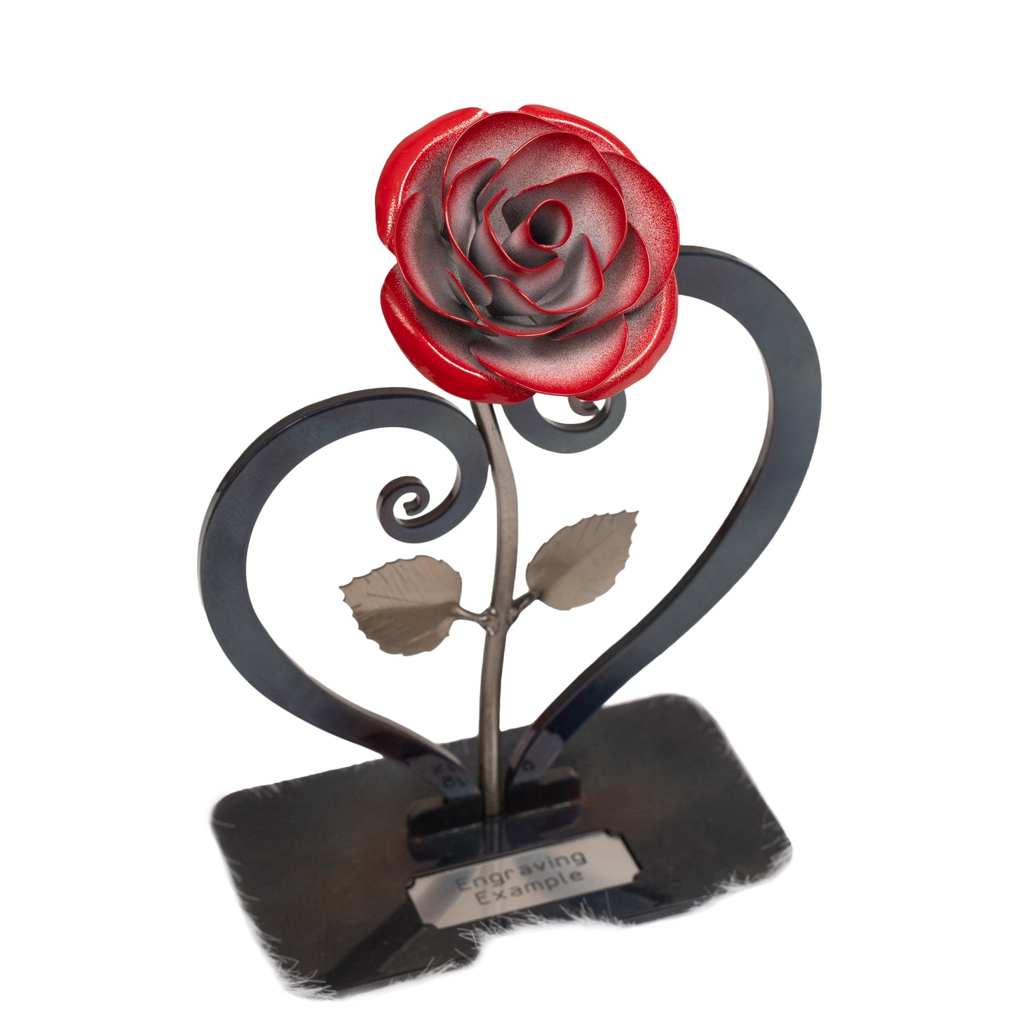 Personalized Gift Hand-Forged Wrought Iron Red Metal Rose with Heart-Shaped Stand