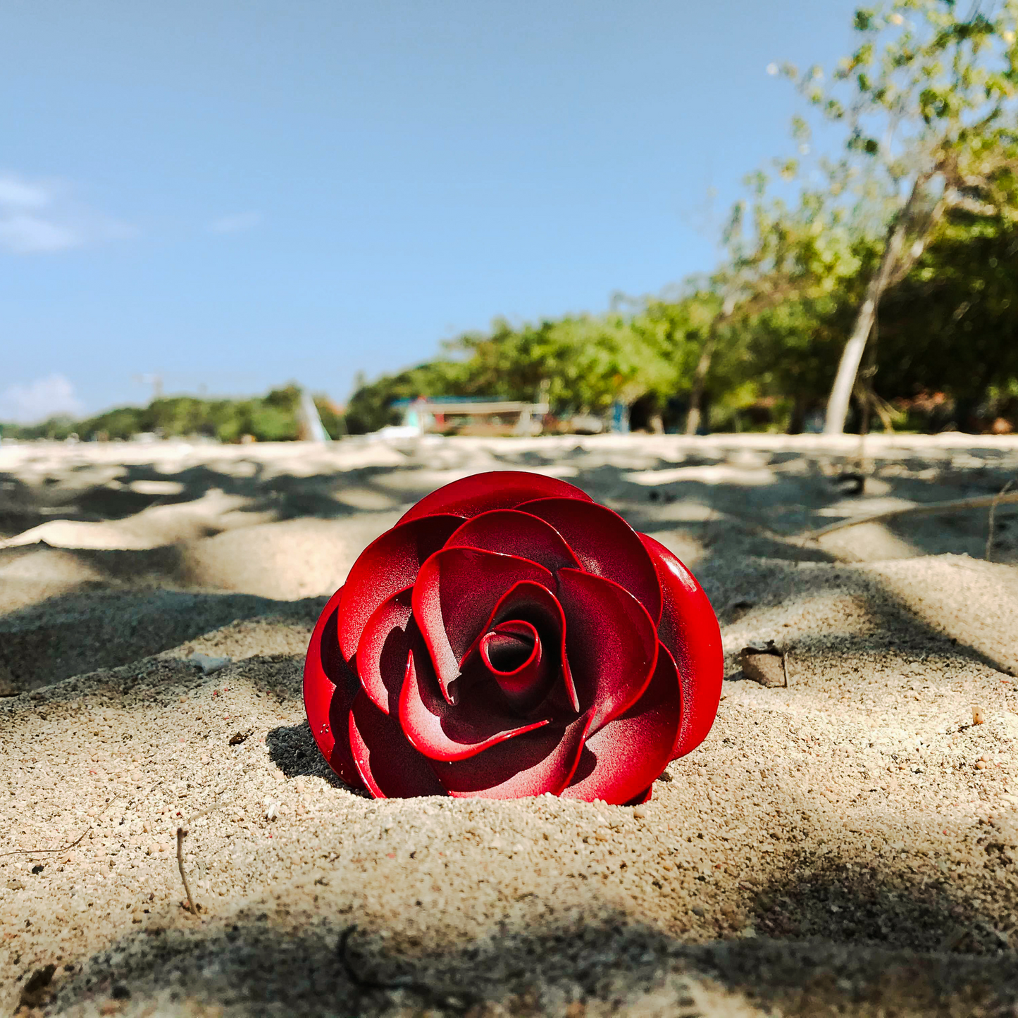 Personalized Gift Hand-Forged Wrought Iron Red & White Metal Rose