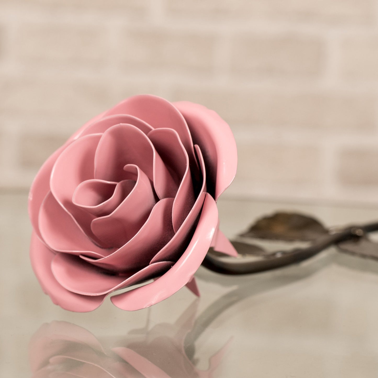 Personalized Gift Hand-Forged Wrought Iron Light Pink Metal Rose