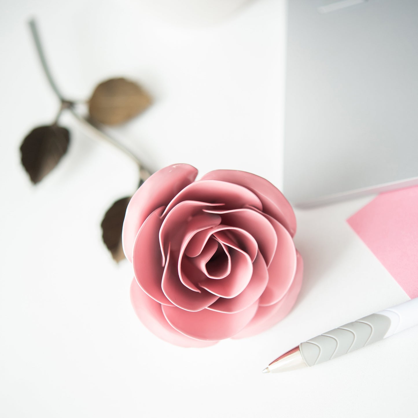 Personalized Gift Hand-Forged Wrought Iron Light Pink Metal Rose