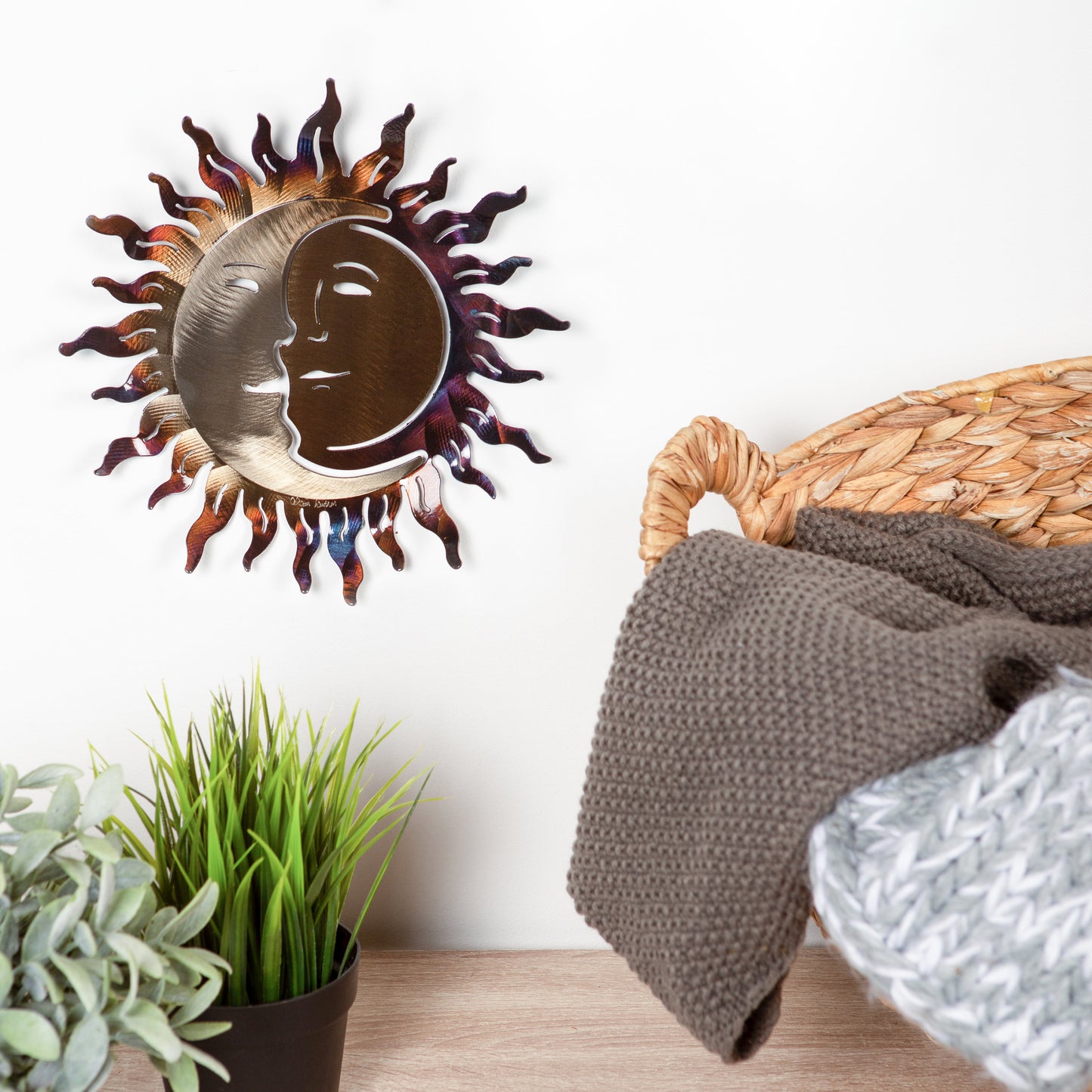 Hand-Forged Wrought Iron Sun and Moon 12" x 12" Sculpture - Wall Art