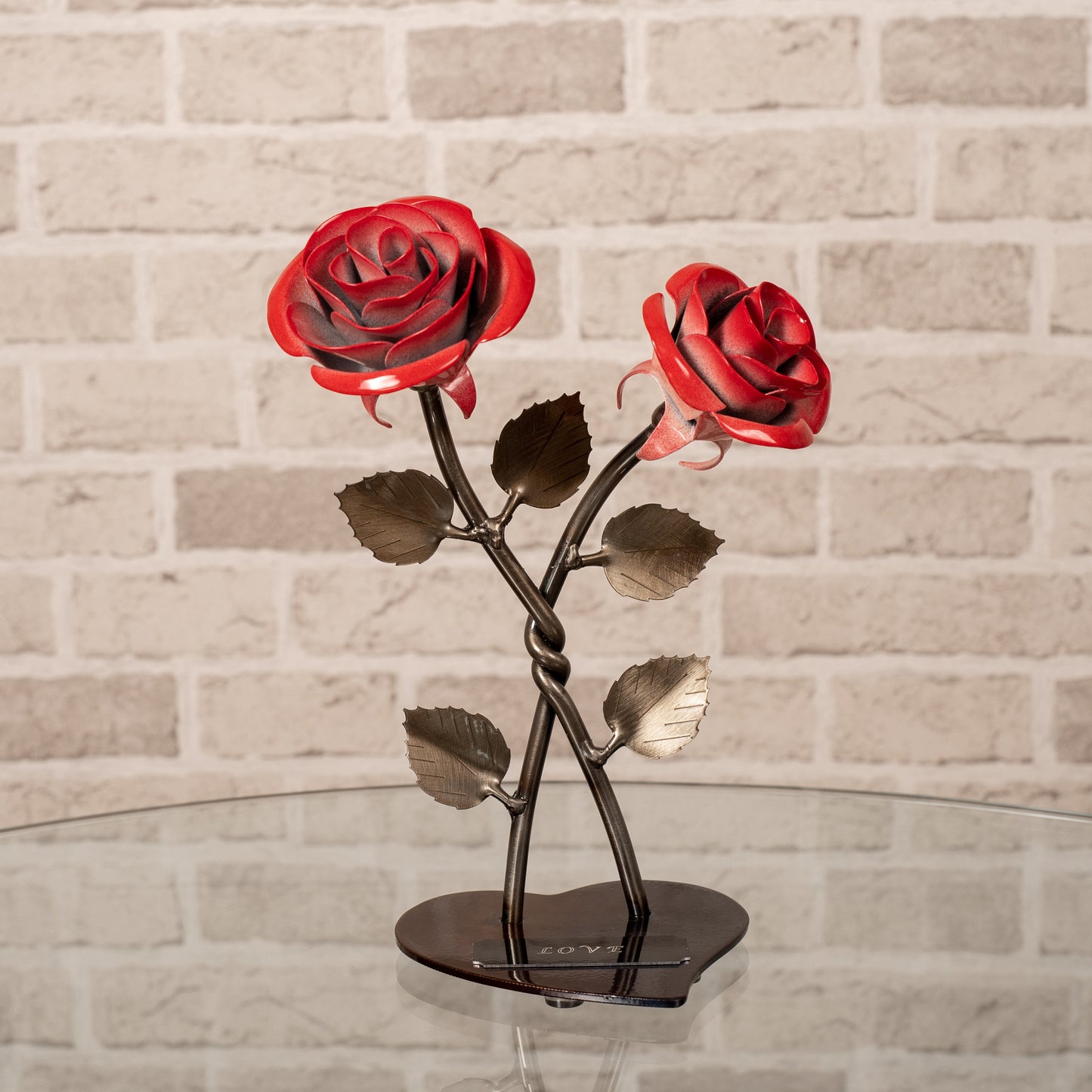 Personalized Gift Hand-Forged Wrought Iron Double Red Metal Rose with Twist