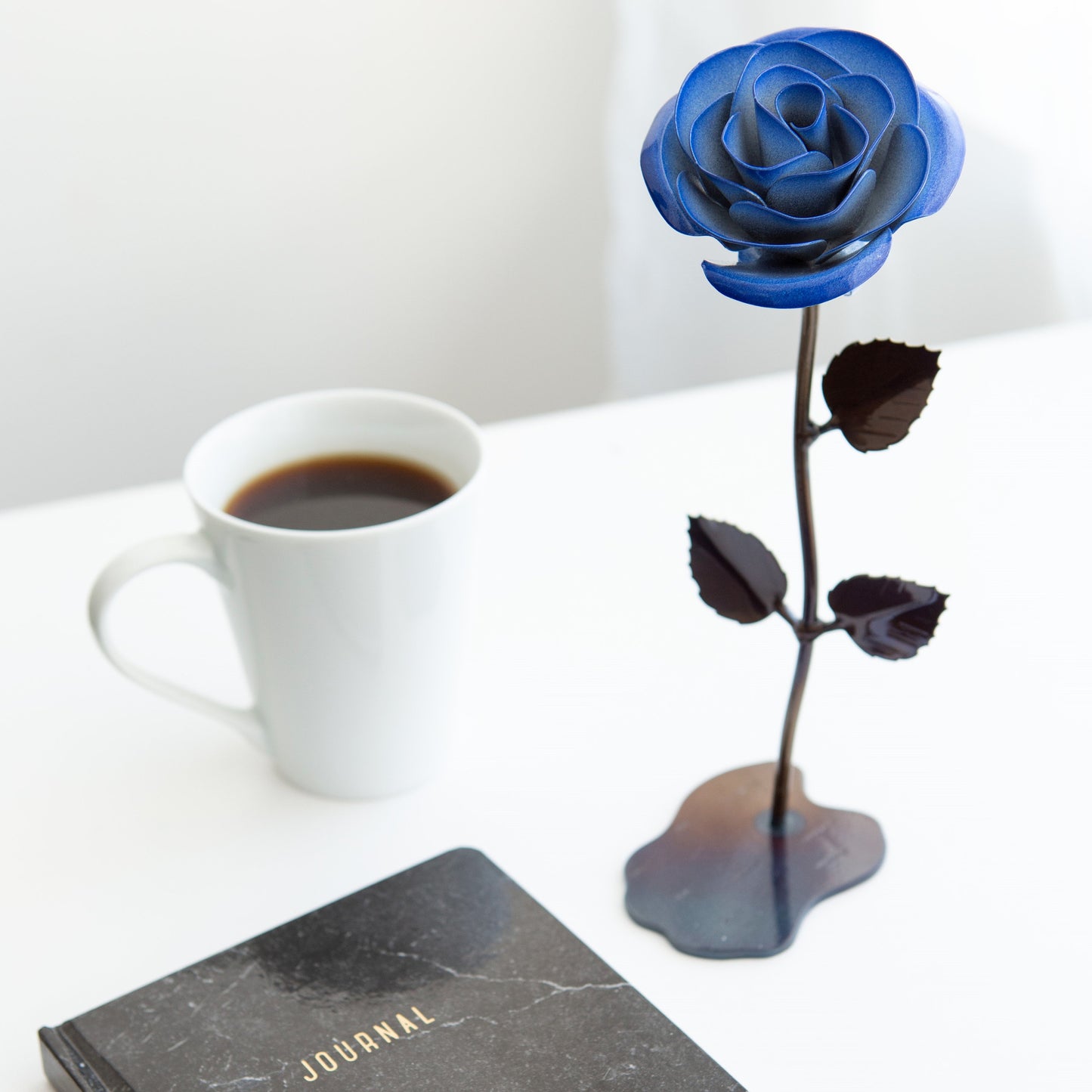 Personalized Gift Hand-Forged Wrought Iron Blue & White Metal Rose