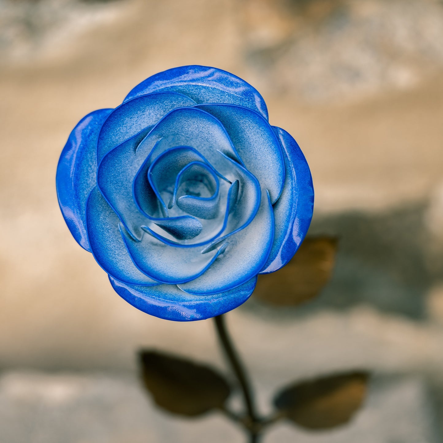 Personalized Gift Hand-Forged Wrought Iron Blue & White Metal Rose