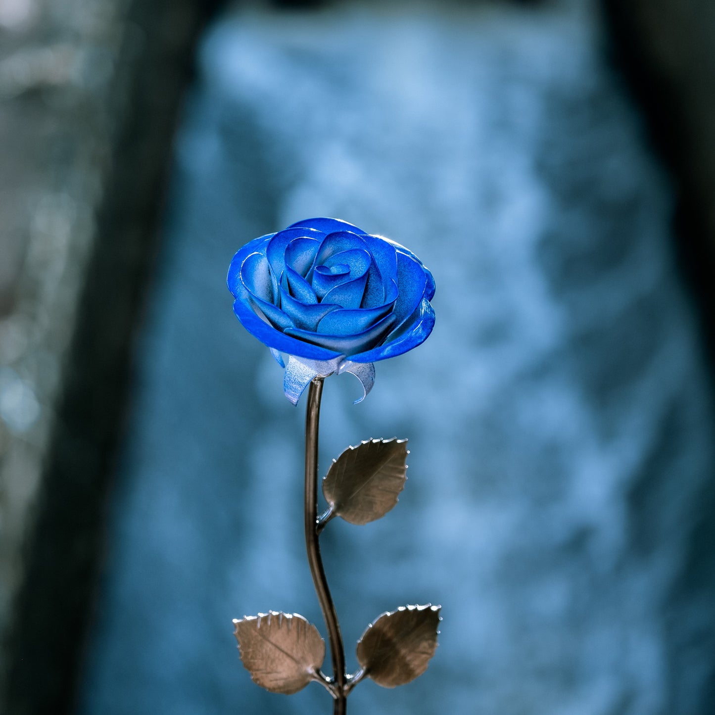 Personalized Gift Hand-Forged Wrought Iron Blue & White Metal Rose