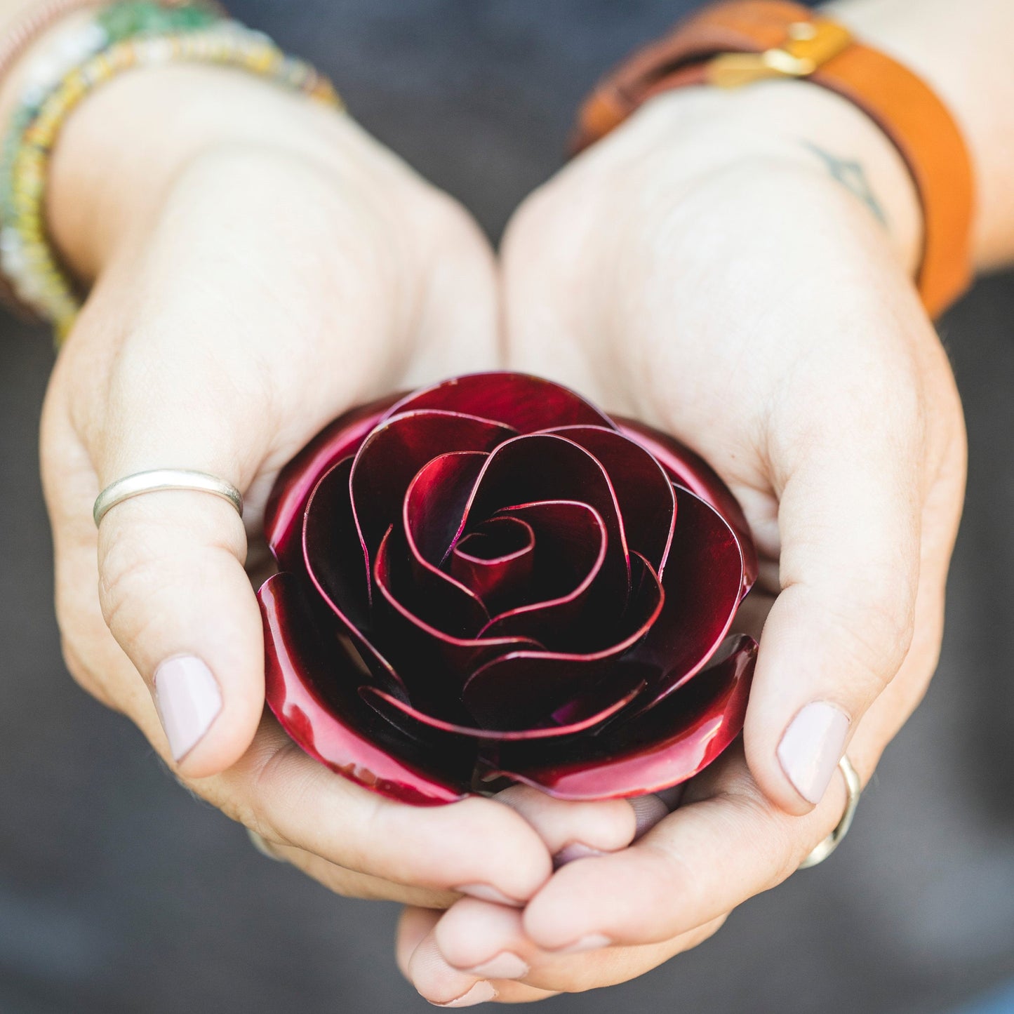 Personalized Gift Hand-Forged Wrought Iron Red Metal Rose