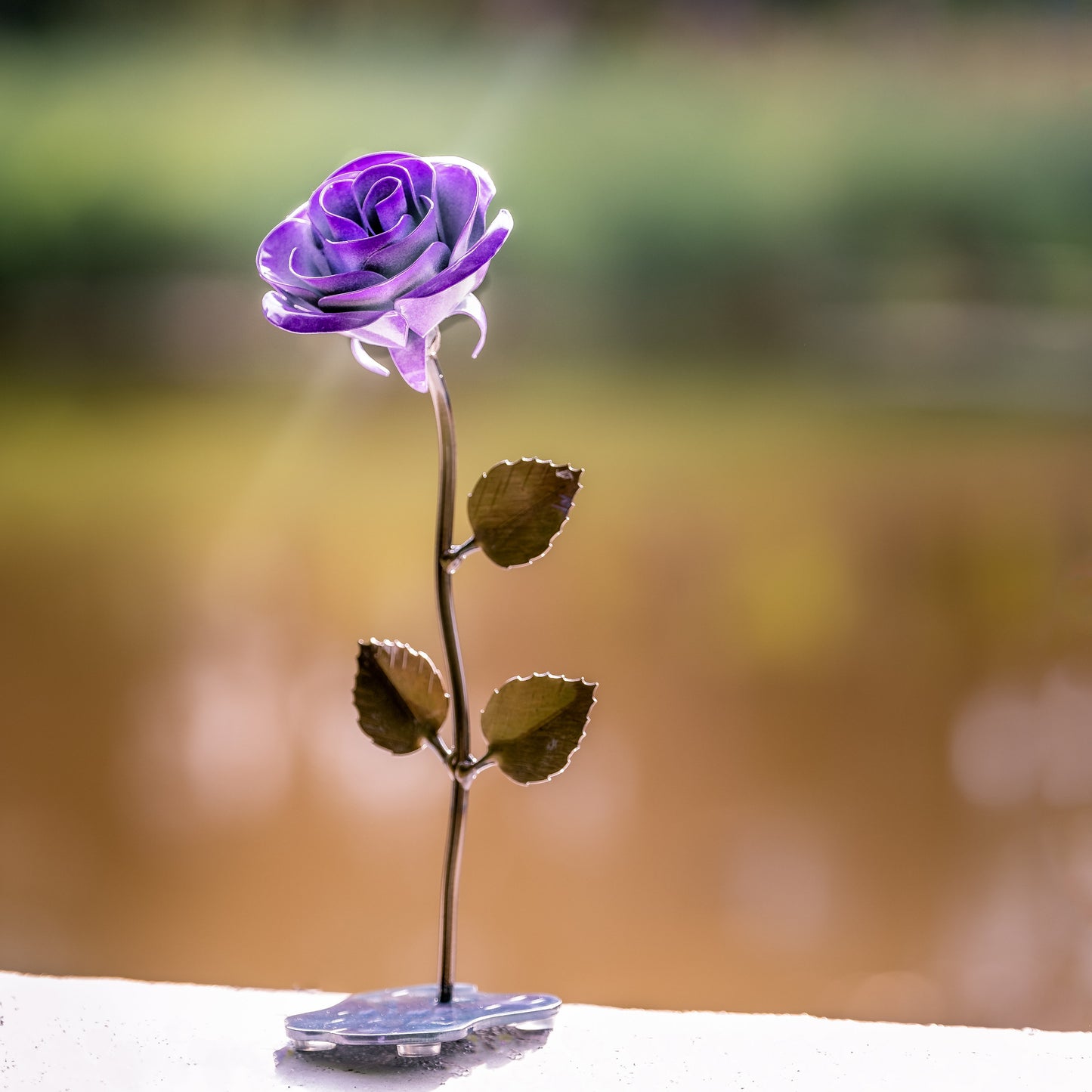Personalized Gift Hand-Forged Wrought Iron Purple & White Metal Rose