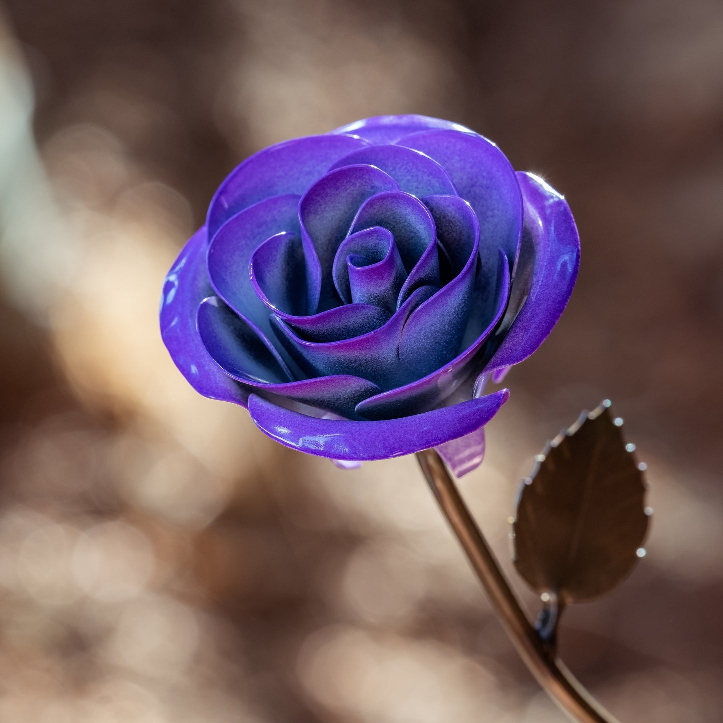 Personalized Gift Hand-Forged Wrought Iron Purple & White Metal Rose
