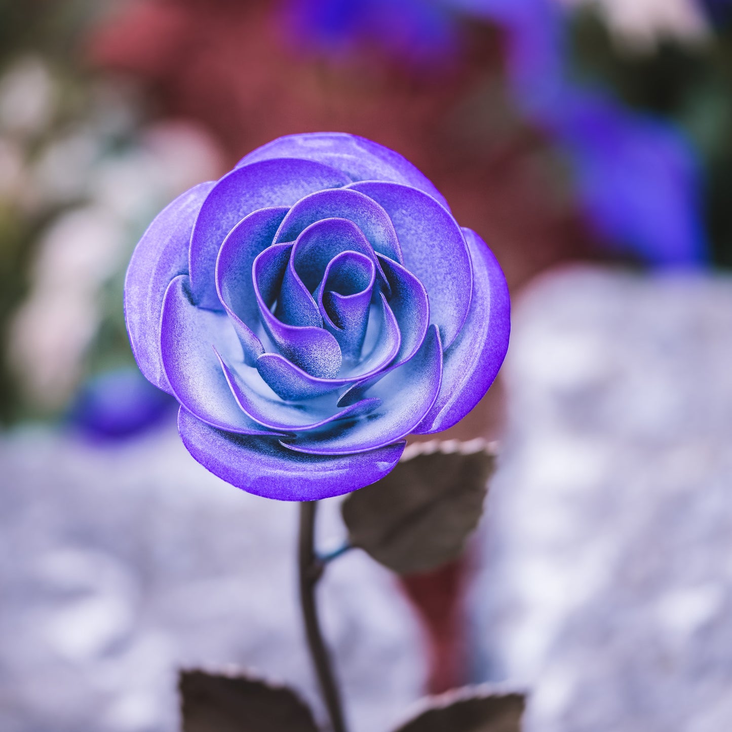 Personalized Gift Hand-Forged Wrought Iron Purple & White Metal Rose