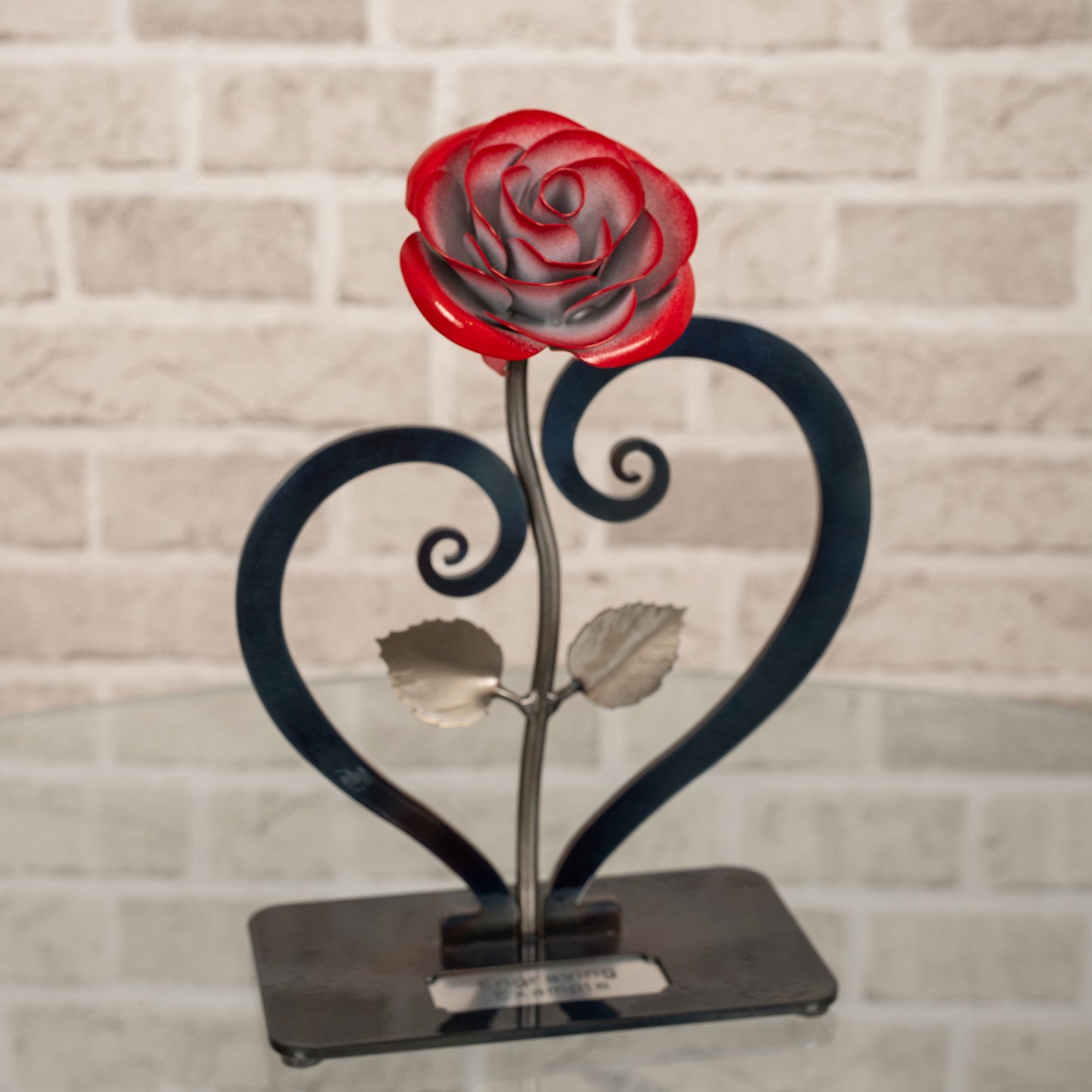 Personalized Gift Hand-Forged Wrought Iron Red Metal Rose with Heart-Shaped Stand