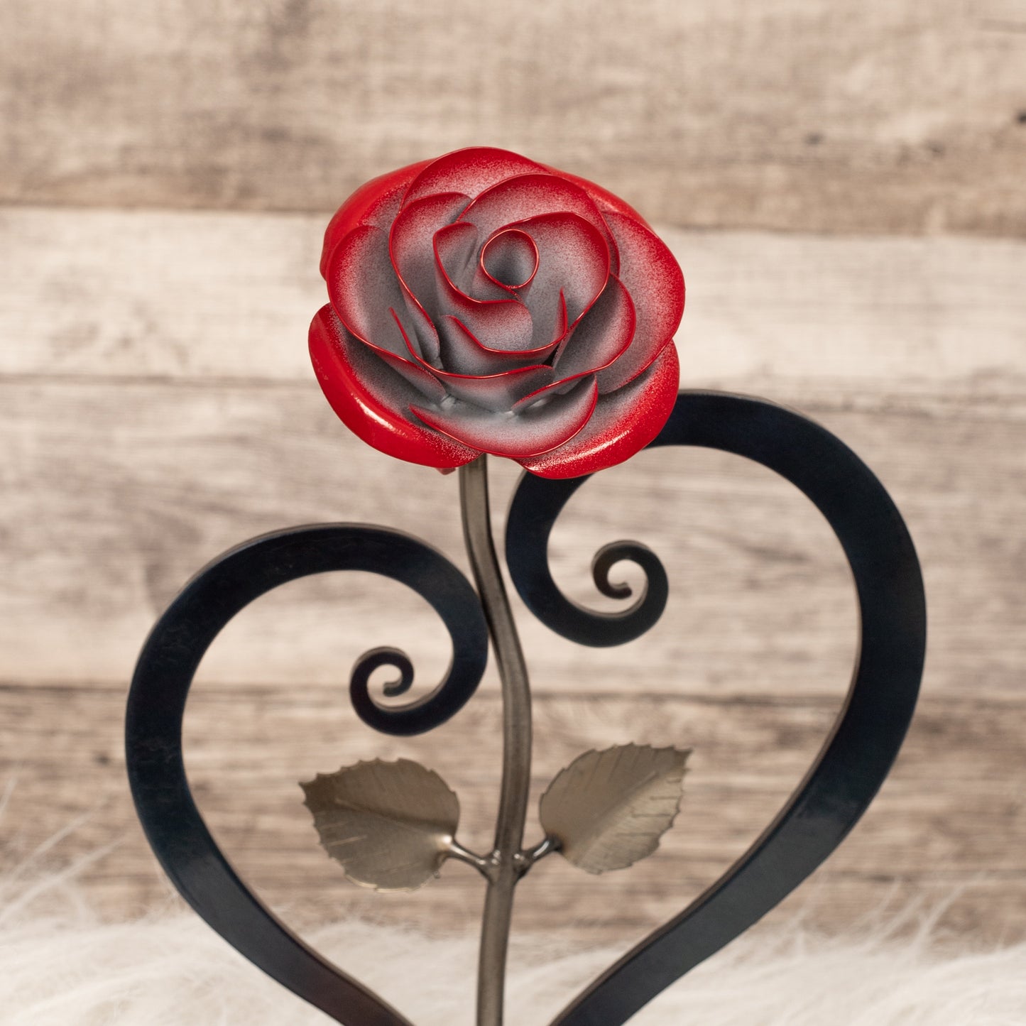 Personalized Gift Hand-Forged Wrought Iron Red Metal Rose with Heart-Shaped Stand