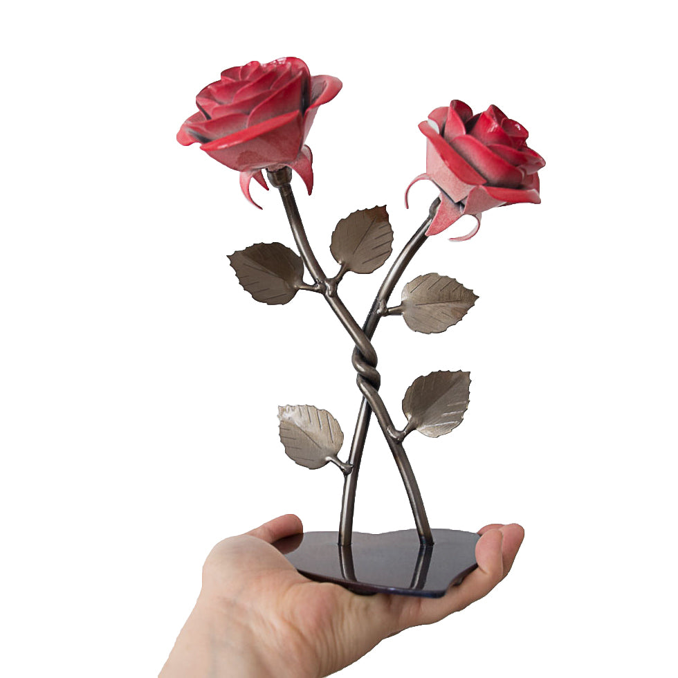 Personalized Gift Hand-Forged Wrought Iron Double Red Metal Rose with Twist