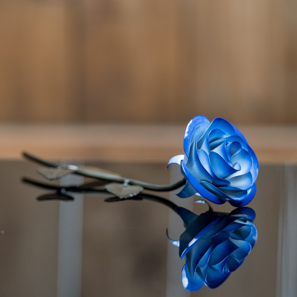 Personalized Gift Hand-Forged Wrought Iron Blue & White Metal Rose