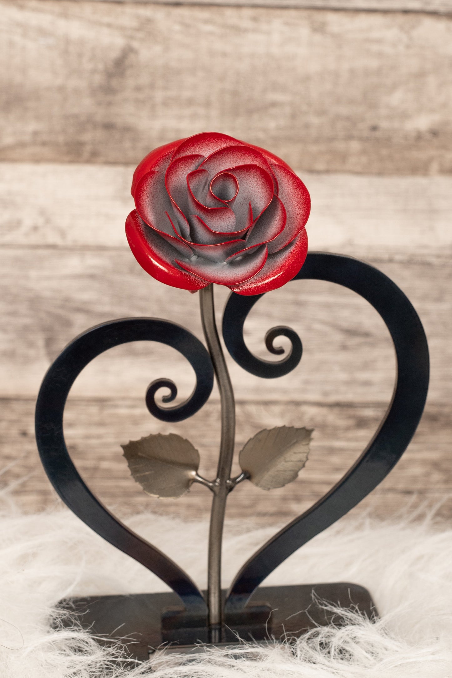Personalized Gift Hand-Forged Wrought Iron Red Metal Rose with Heart-Shaped Stand
